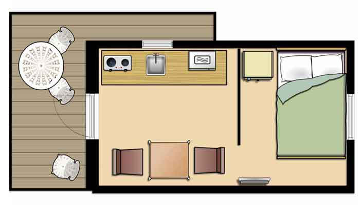 floorplan 2 personers hytte med dobbeltseng