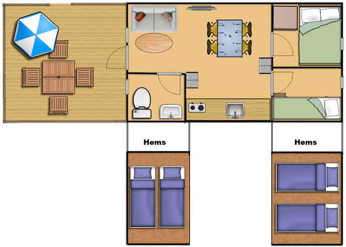 8 pers. hytte på 28 m2 med 2 hemse og toilet