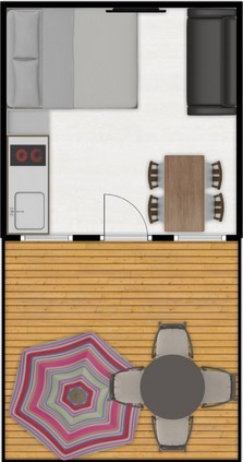Blockhaus für zwei Personen mit Doppelbett und Sofa