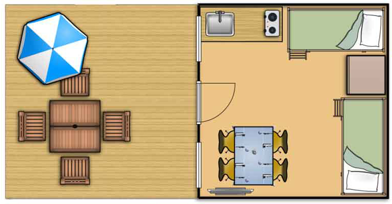 4-person log cabin with 2 bunk beds with large terrace
